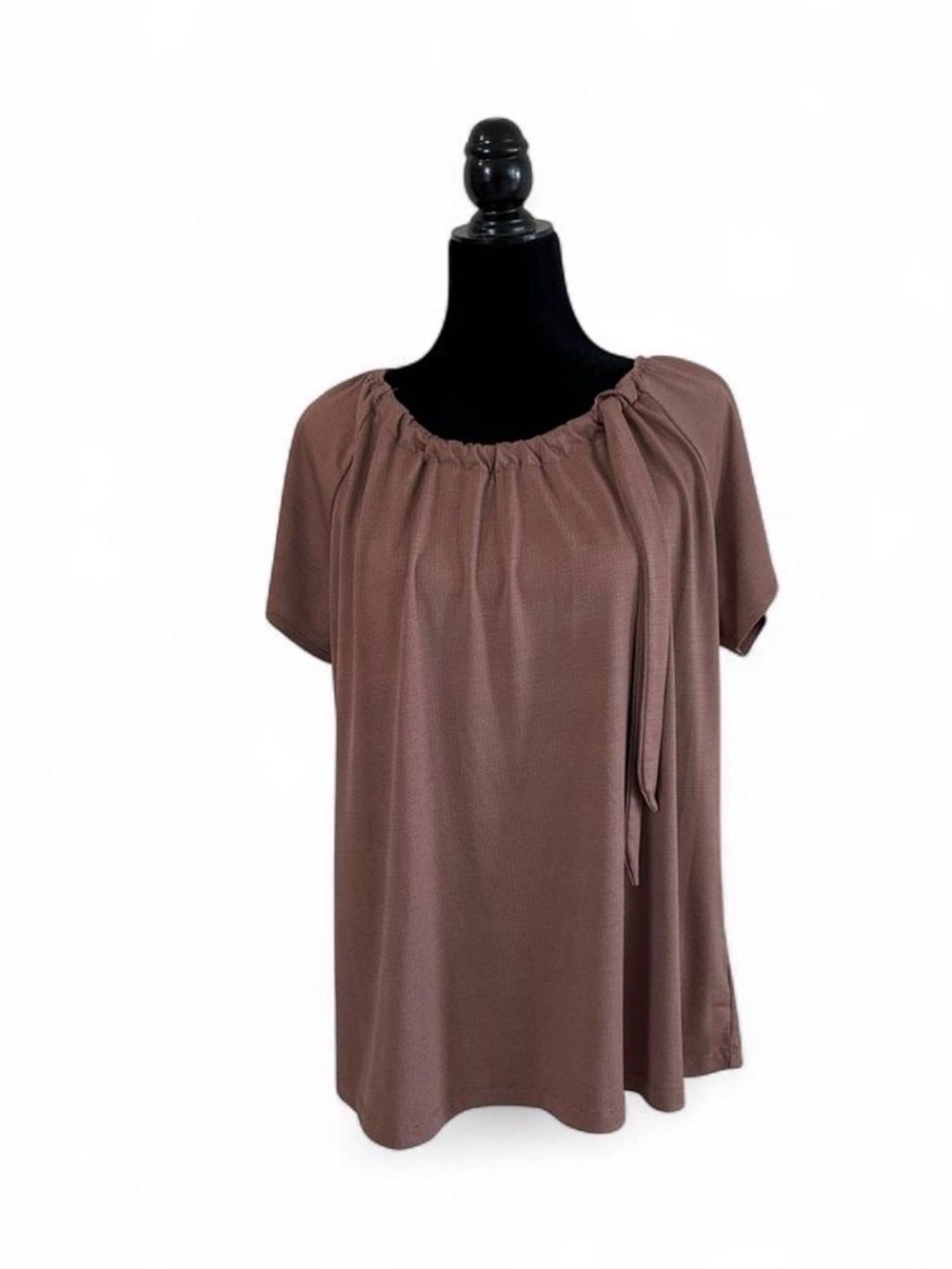 Liz McCoy Taupe Short-Sleeve Peasant Top with Neck Tie